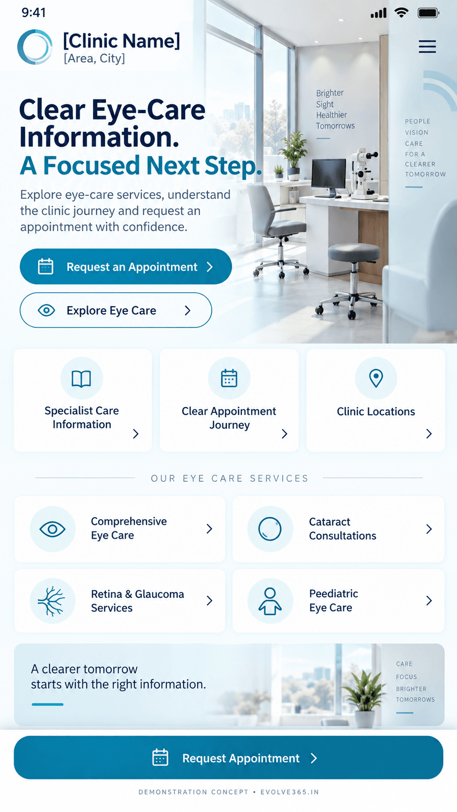 Mobile homepage concept for a fictional eye clinic