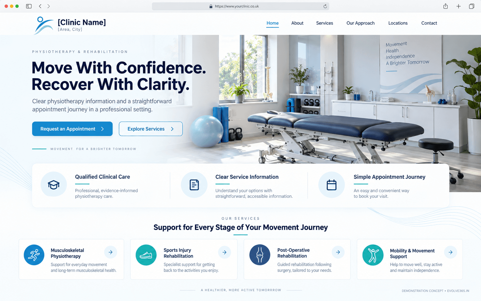 Desktop homepage concept for a fictional physiotherapy clinic