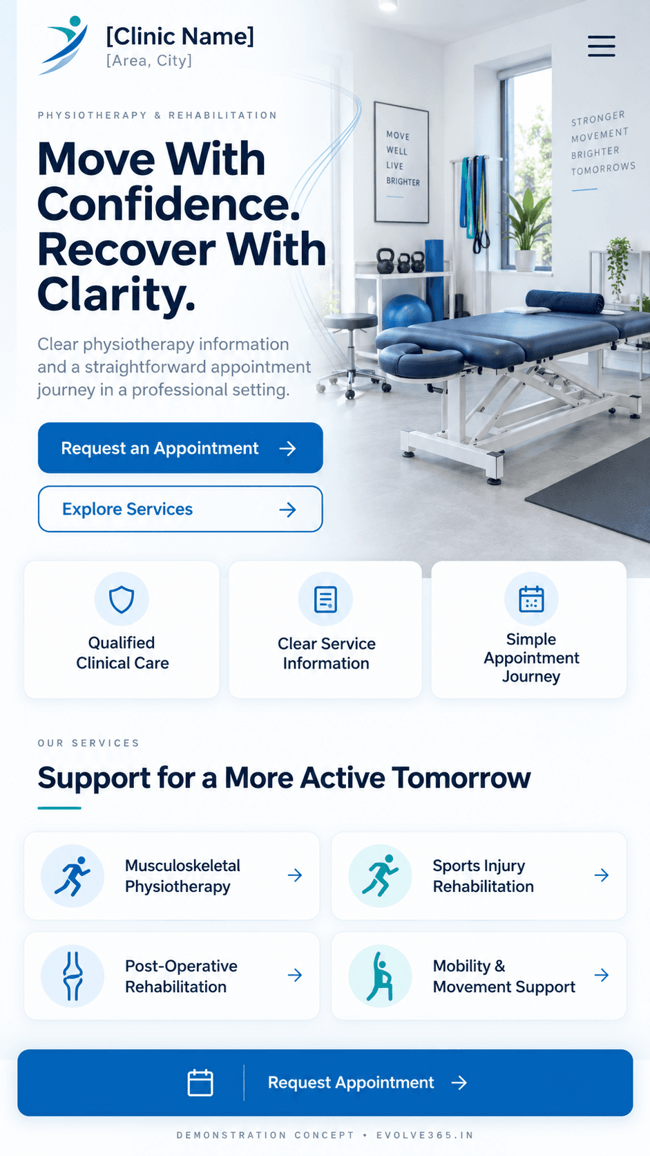 Mobile homepage concept for a fictional physiotherapy clinic