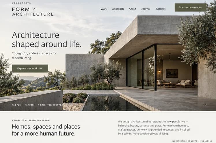 Desktop homepage concept for a fictional architecture practice