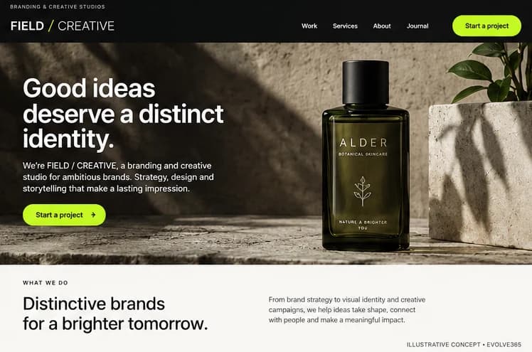 Desktop homepage concept for a fictional branding and creative studio
