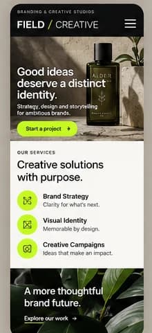 Mobile homepage concept for a fictional branding and creative studio