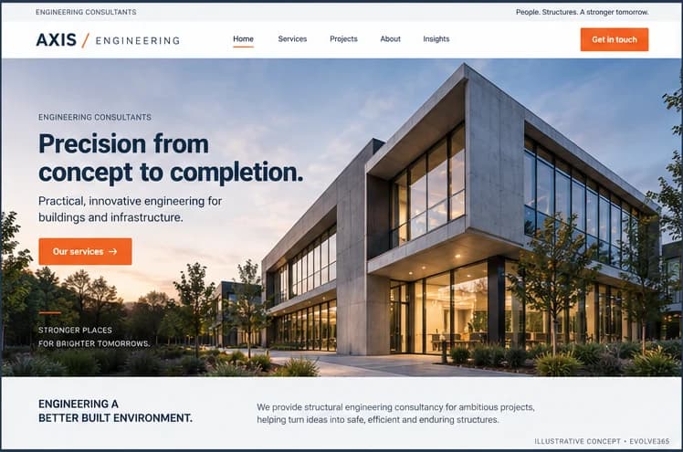 Desktop homepage concept for a fictional engineering consultancy