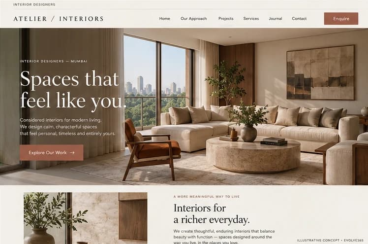 Desktop homepage concept for a fictional interior design studio