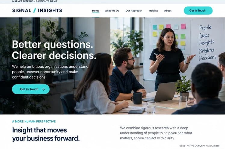 Desktop homepage concept for a fictional market research firm
