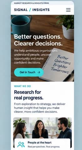 Mobile homepage concept for a fictional market research firm