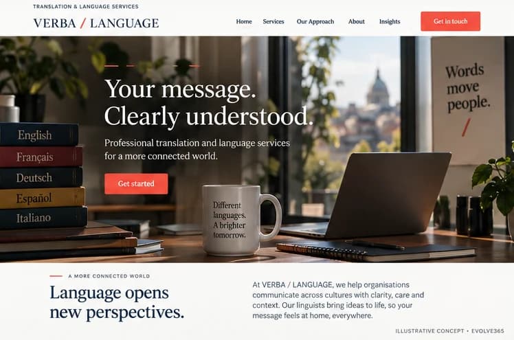 Desktop homepage concept for a fictional translation and language services provider