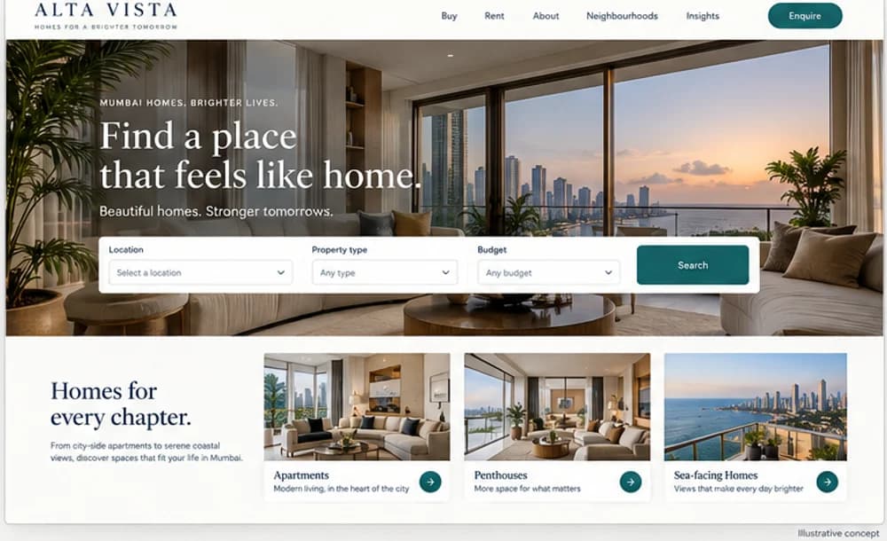 Illustrative desktop homepage concept for a fictional residential and commercial real estate brokerage