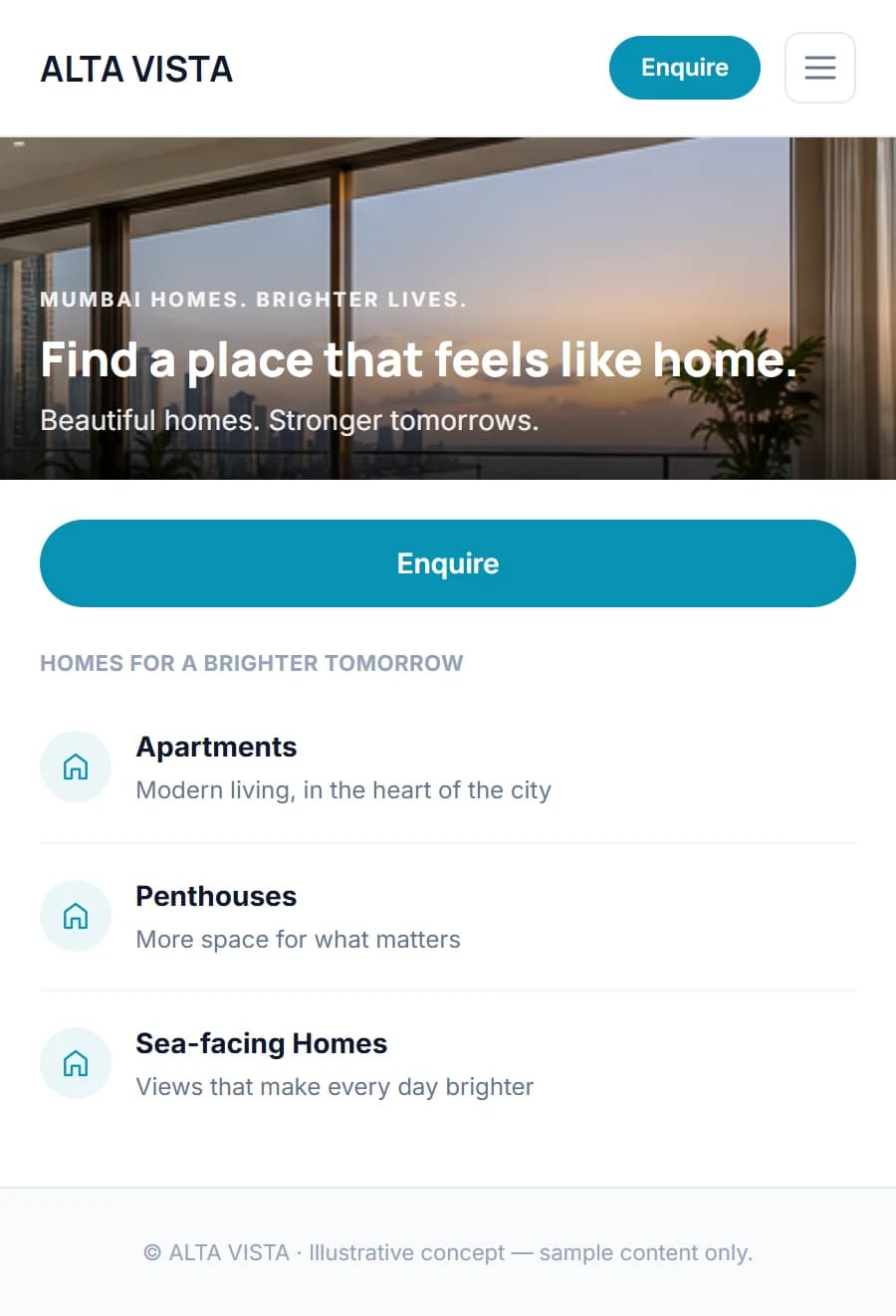 Illustrative mobile homepage concept for a fictional residential and commercial real estate brokerage