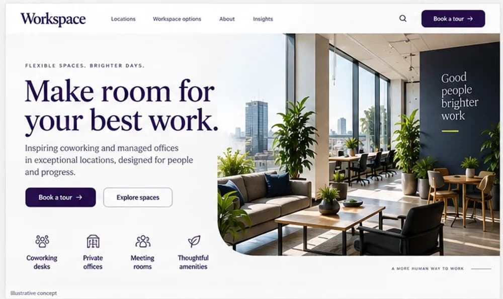 Illustrative desktop homepage concept for a fictional coworking and managed office space provider