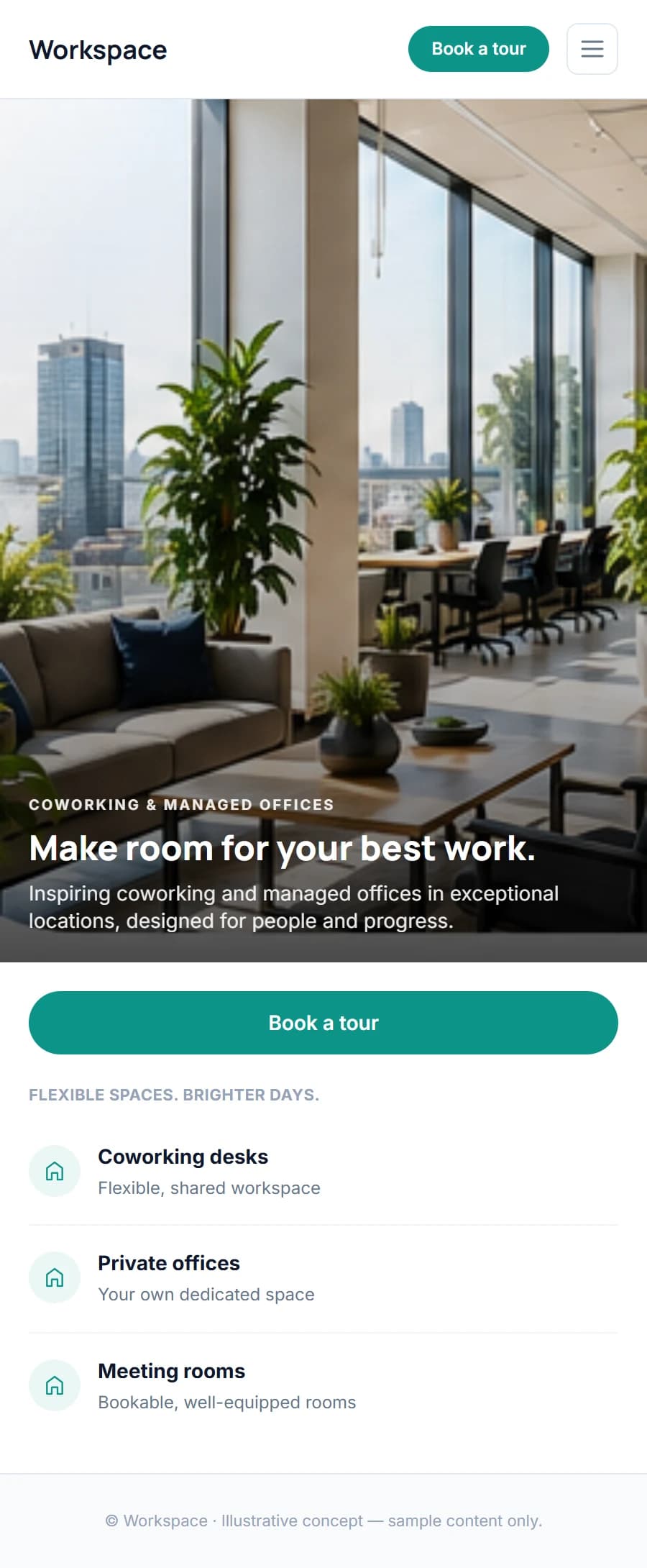 Illustrative mobile homepage concept for a fictional coworking and managed office space provider