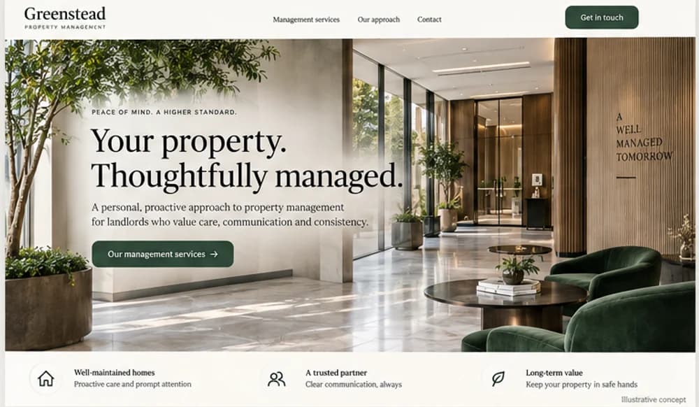 Illustrative desktop homepage concept for a fictional property management company