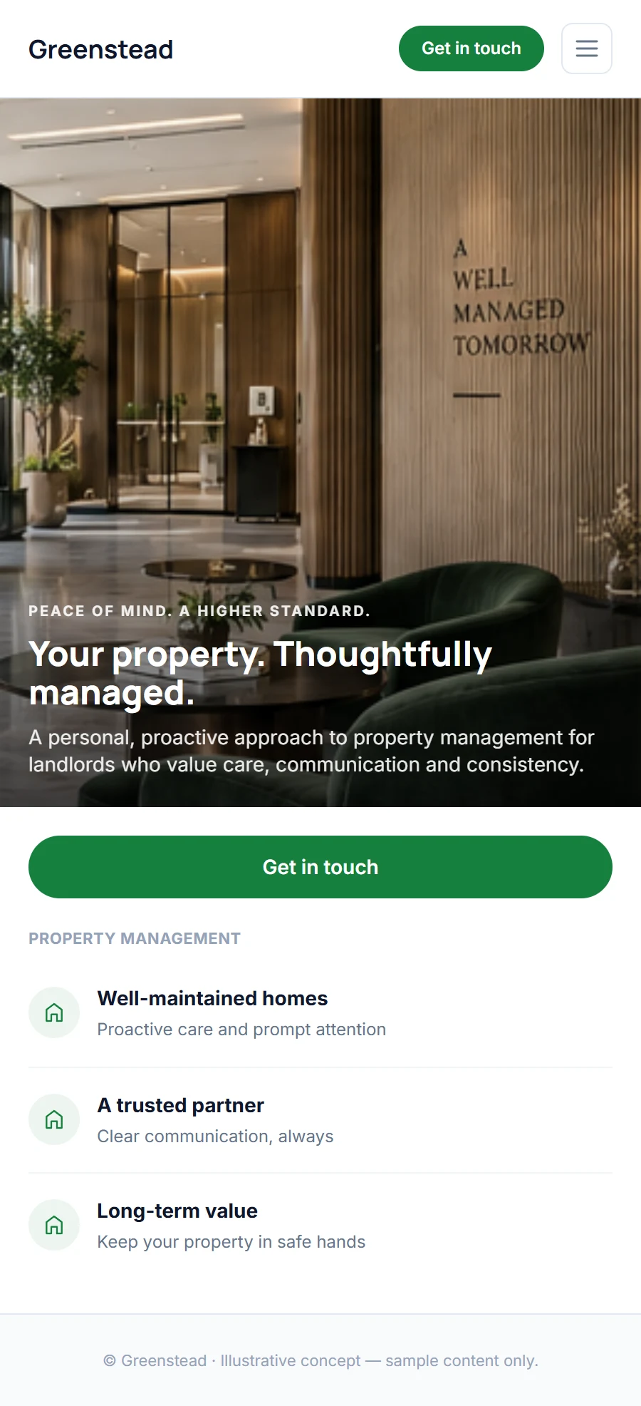 Illustrative mobile homepage concept for a fictional property management company