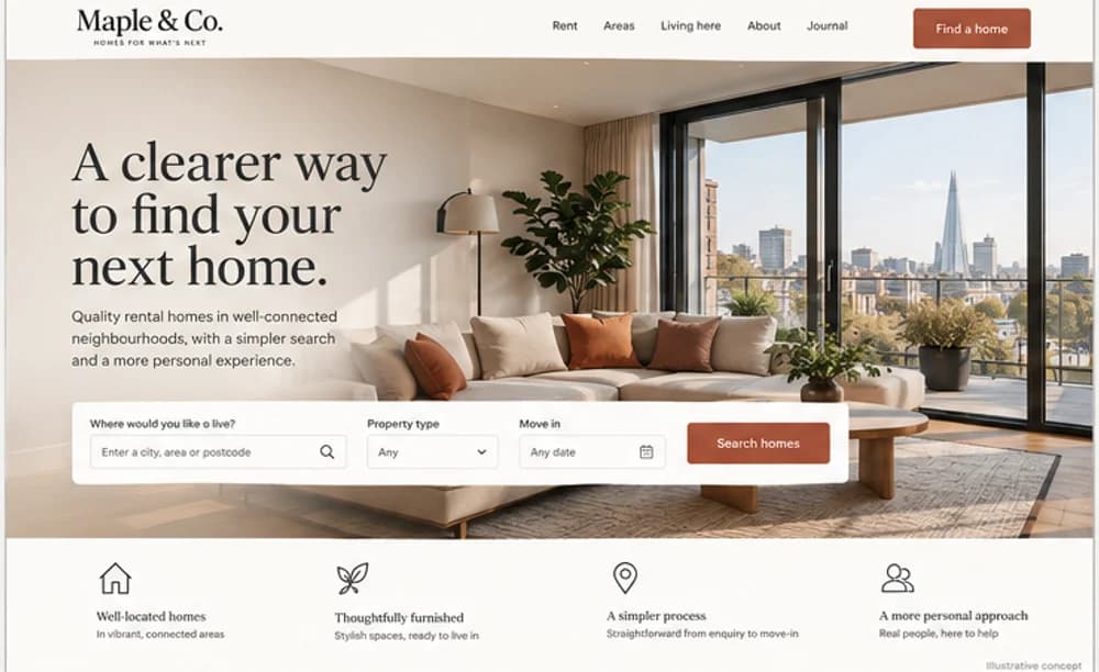 Illustrative desktop homepage concept for a fictional rental and leasing agency