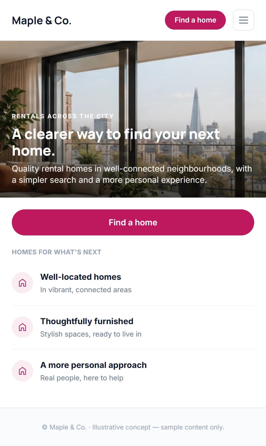 Illustrative mobile homepage concept for a fictional rental and leasing agency